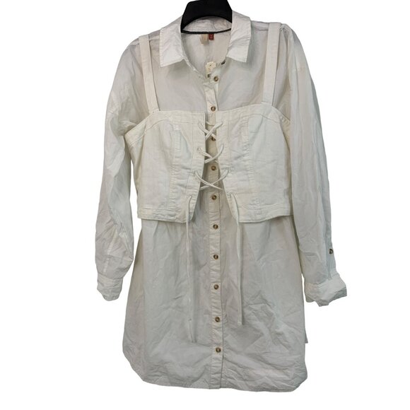 Pilcro Anthropologie White Button-Down Shirt Dress Linen Corset Top Medium 7799 - Picture 4 of 11